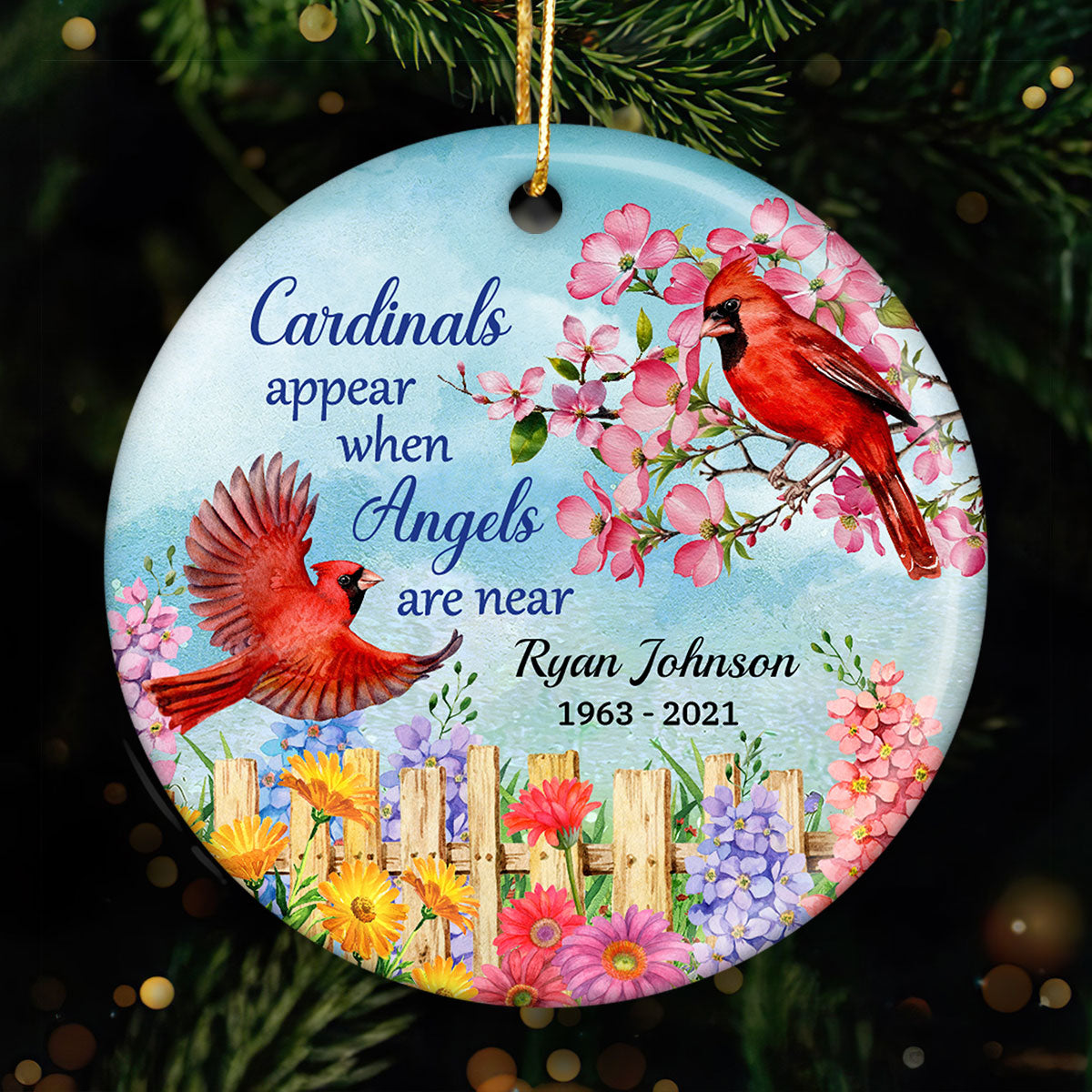 Cardinal Flowers Memorial Personalized Circle Ornament