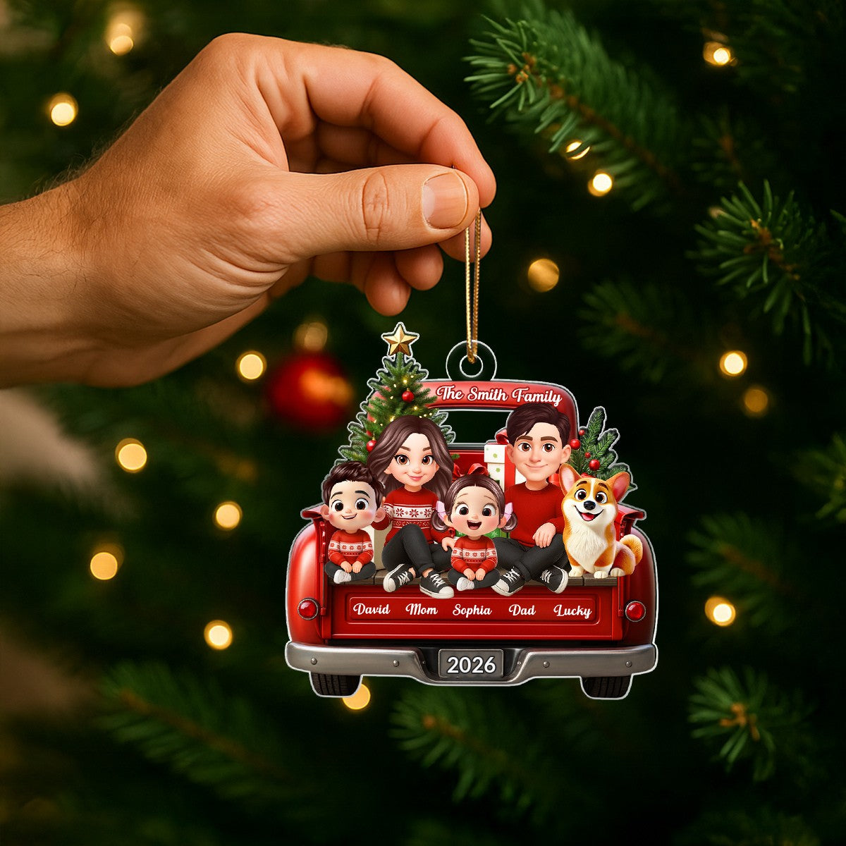Family Sitting On Christmas Truck Personalized Acrylic Ornament, Christmas Gift for Husband, Wife
