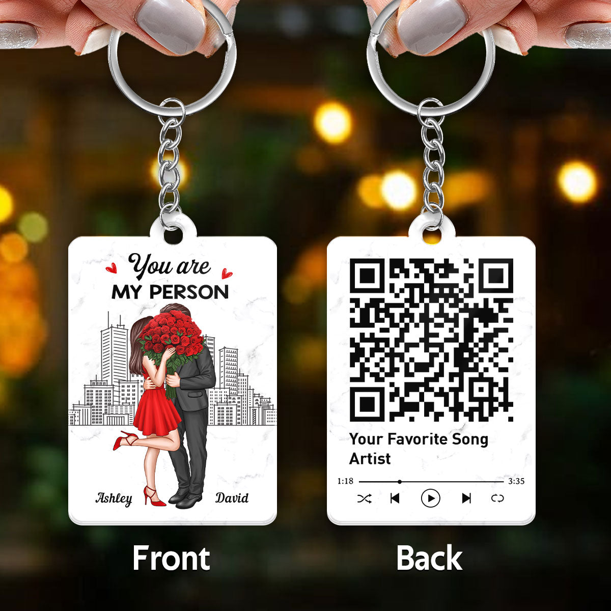Elegant Couple Love Skyline Favorite Song Scannable QR Code Personalized Acrylic Keychain