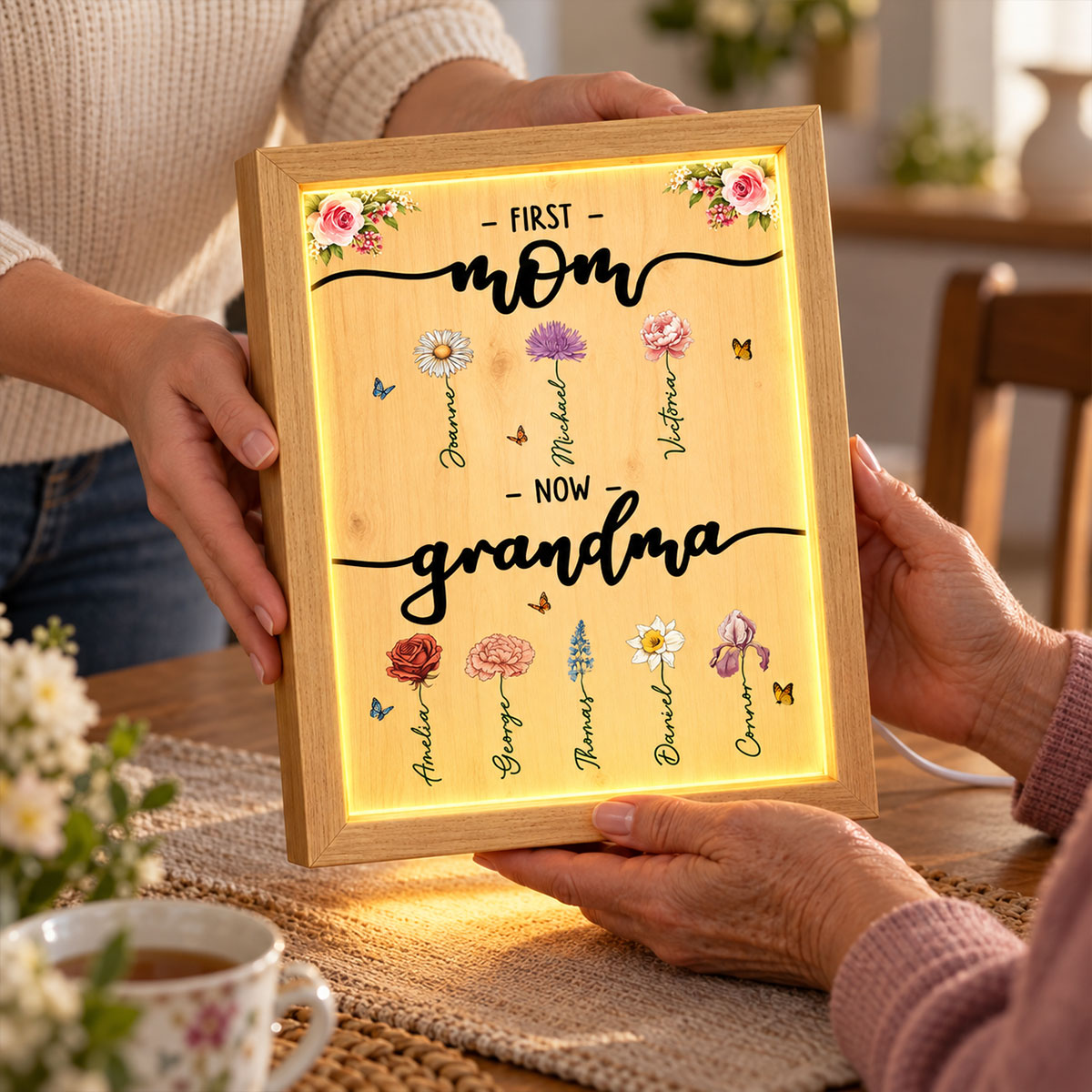 First Mom Now Grandma Custom Birth Month Flower - Personalized Mirror Light Box - Heartfelt Christmas Gift for Mom, Wife, Grandma