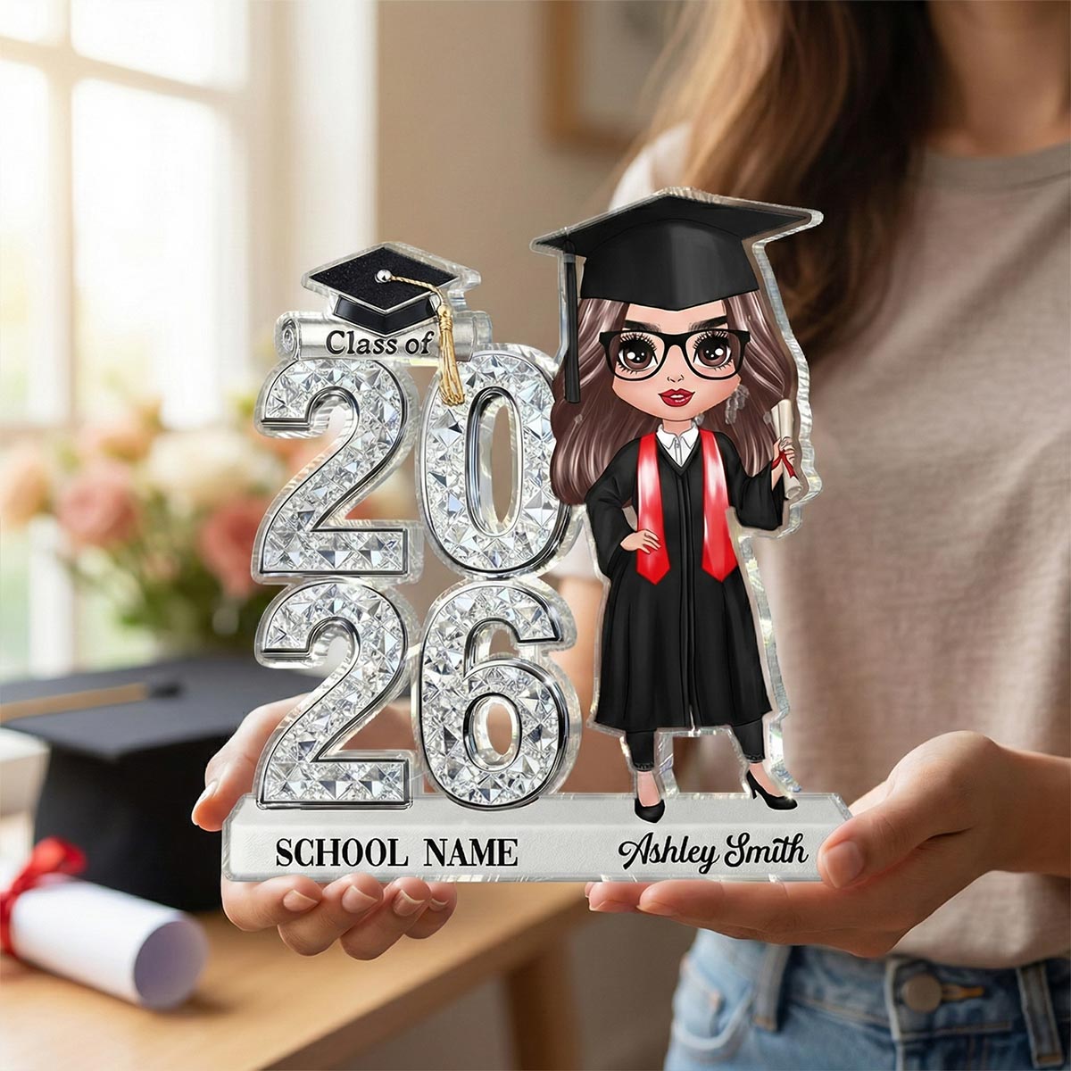 Class Of 2026 2027 Doll Style Senior Shiny Effect 2D Flat - Personalized Acrylic Block Plaque - Graduation Gift For Graduates, Daughter, Son