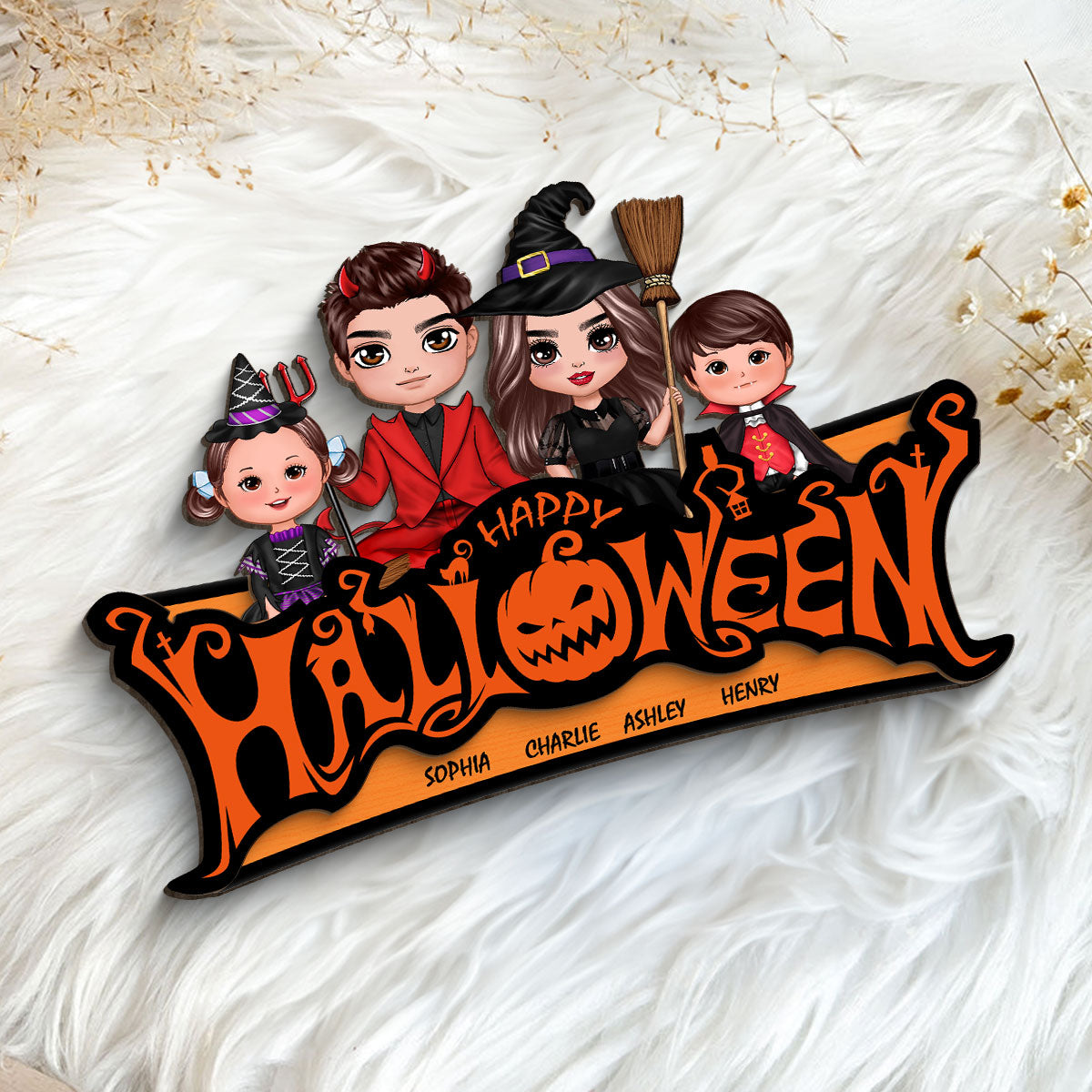 Happy Halloween Jack O Lantern Spooky, Family Sitting - Personalized 2-Layered Wooden Plaque