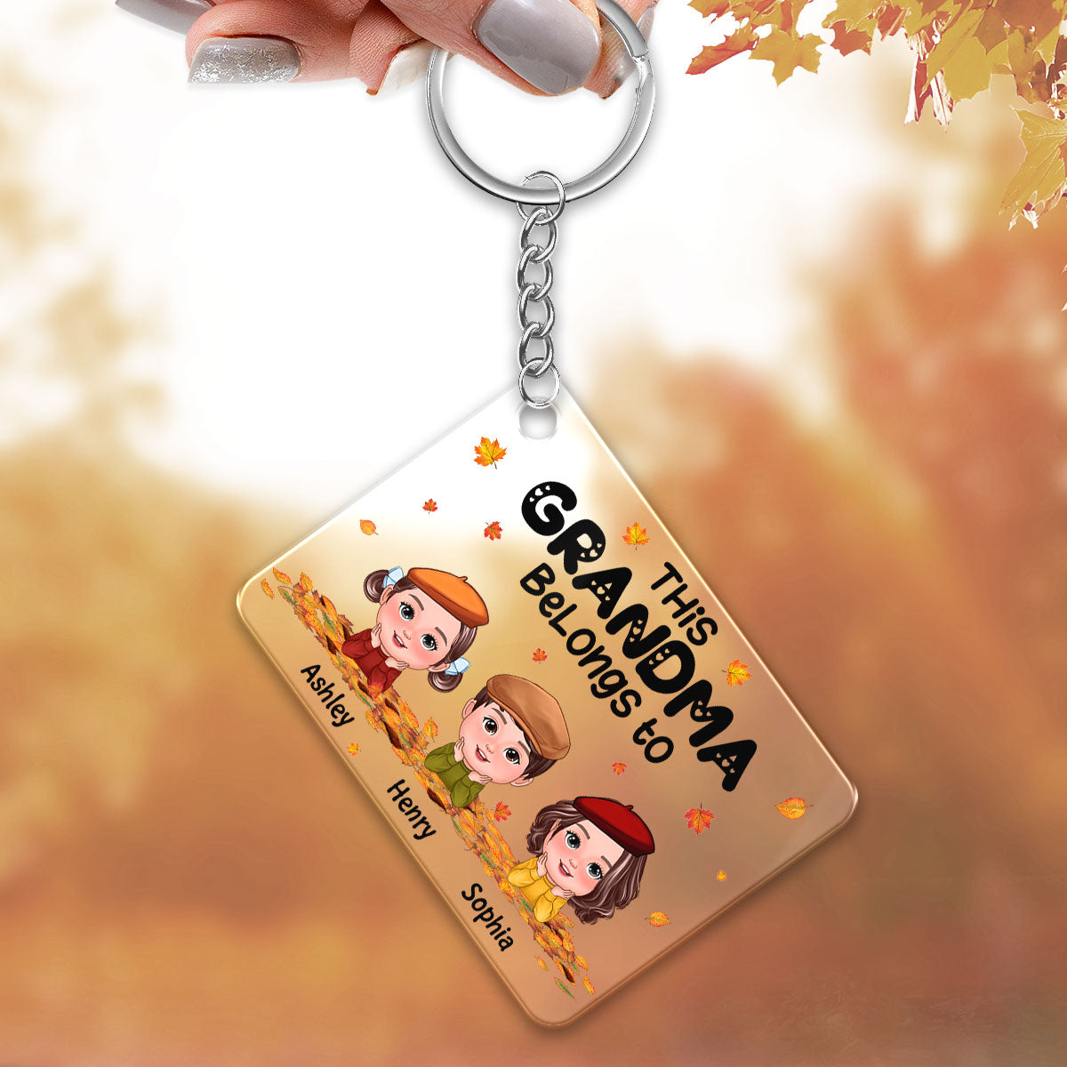 Grandma Mom Belongs To Fall Season Kids Laying On Leaves Personalized Acrylic Keychain
