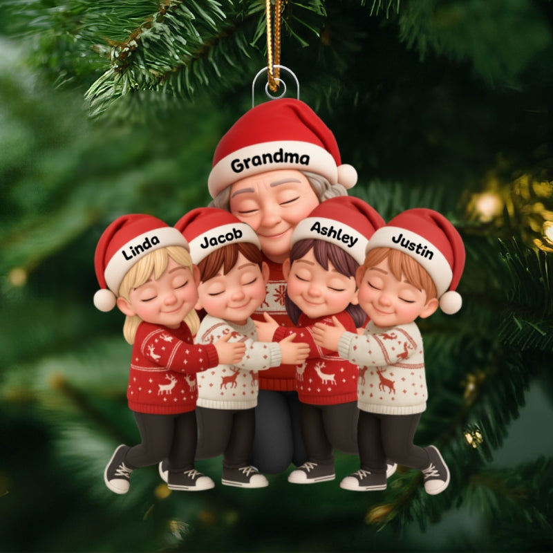 Grandma Hugging Grandkids - Personalized Acrylic Ornament - Heartwarming Christmas Gift for Grandma, Granddaughter, Grandson