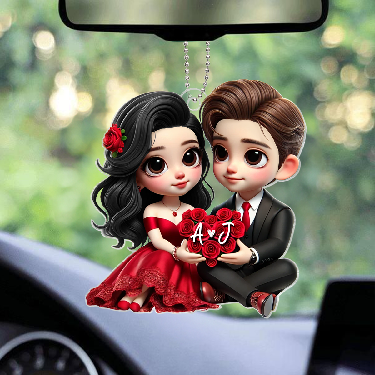Romantic  Couple Roses Personalized Acrylic Car Hanger, Anniversary Gift for him, Gift for her