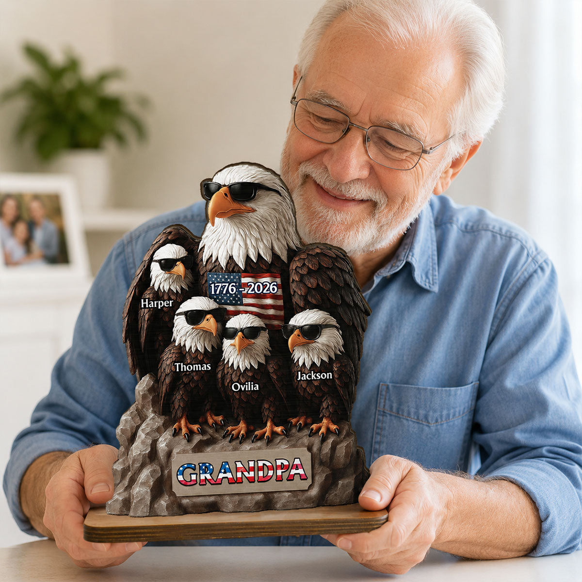 America 250th Anniversary Patriotic Eagle Grandpa Dad & Kids - Personalized 2-Layered Wooden Plaque - Father's Day Gift, 250th Anniversary Gift, Keepsake For Grandpa, Dad