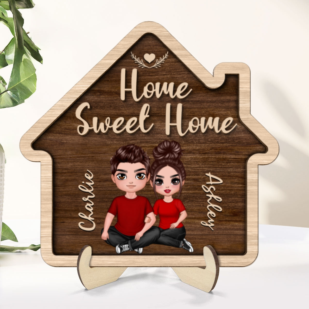 Home Sweet Home Couple Sitting House Shaped Personalized 2-layer Wooden Plaque