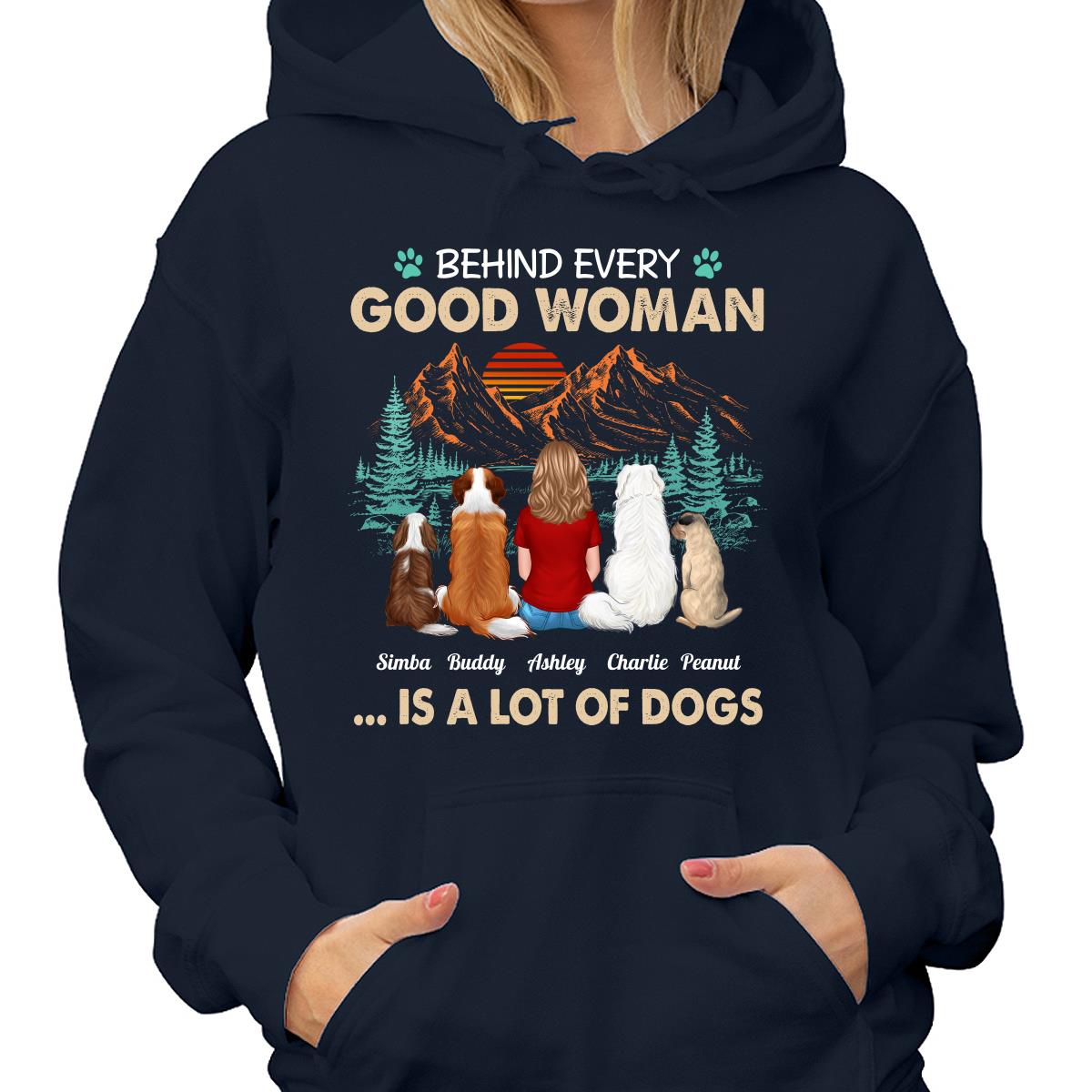 Behind Good Woman Is A Lot Of Dogs Back View Woman Sitting With Dogs Retro Pine Forest Personalized Shirt