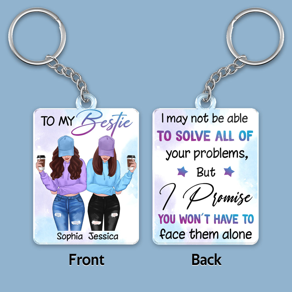 Front View Besties To My Bestie Watercolor Personalized Acrylic Keychain