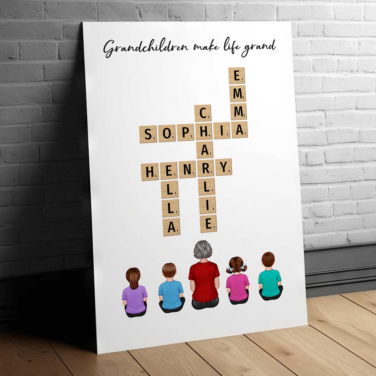 Our Grandchildren Names In Crossword Unique Gift For Grandma Grandpa Grandparents Back View Sitting Personalized Poster