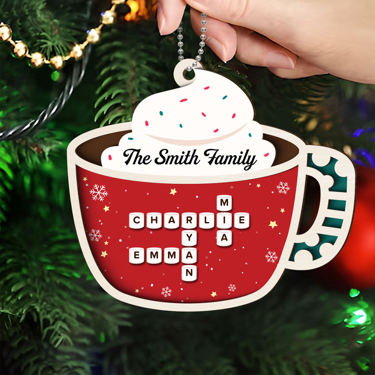 Family Marshmallow In Hot Cocoa Crossword 2-Layered Wooden Ornament, Personalized Christmas Ornament, Unique Decoration For Family