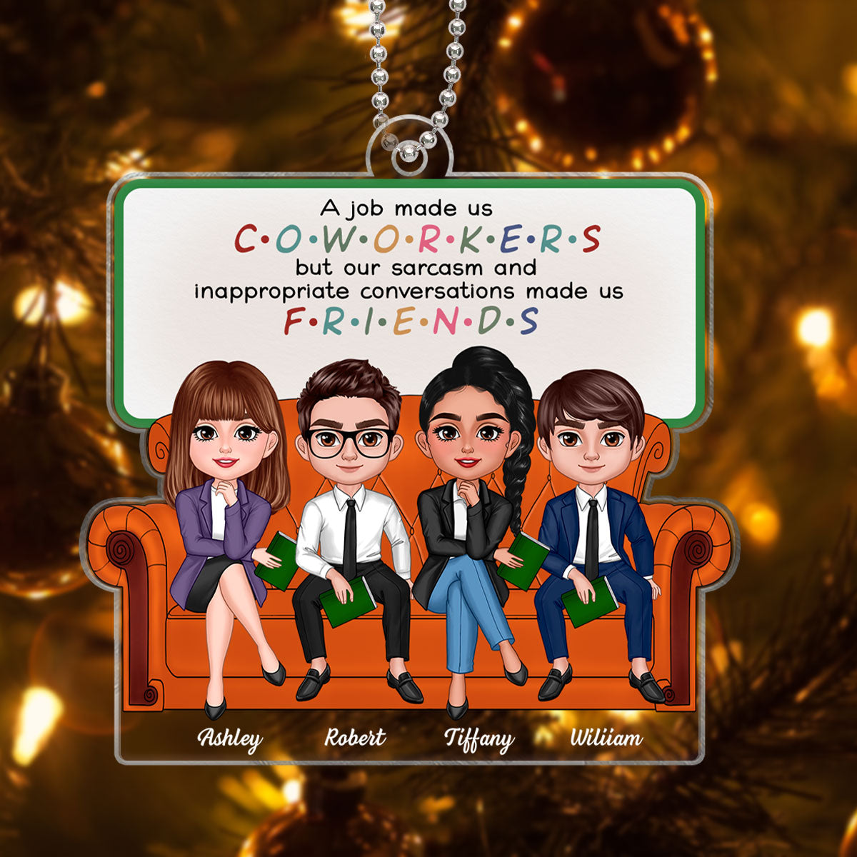 Coworkers Friends Colleagues Sitting On Sofa Personalized Acrylic Ornament, Christmas Gift