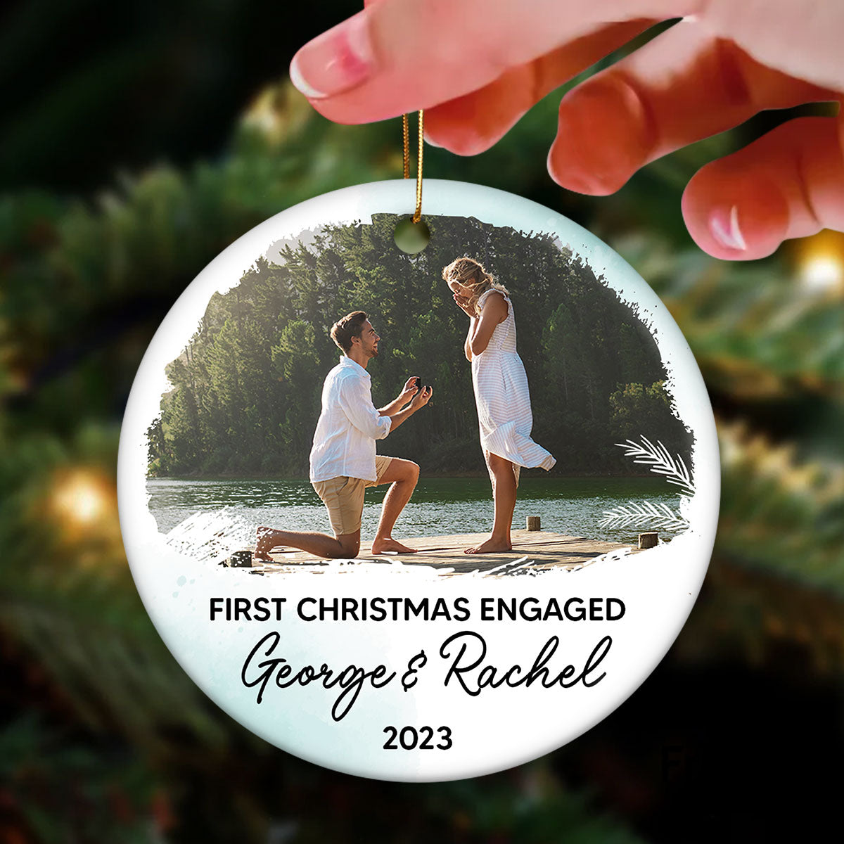 Our First Christmas Engaged Ornament, Custom Photo Ornament Calendar Christmas Gift for Couple, Engagement Gifts Personalized 2-Sided Circle Ornament