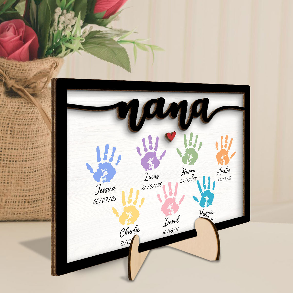 Grandma Mom Colorful Handprints Personalized 2-layer Wooden Plaque