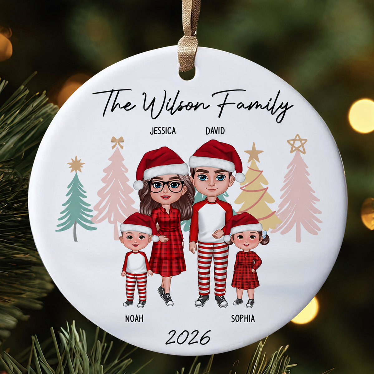 Family Standing Personalized Ceramic Circle Ornament, Christmas Gift for Husband, Daughter, Son