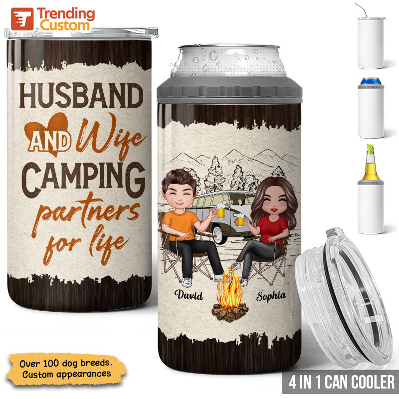 Camping Couple Sketch Background Personalized 4 In 1 Can Cooler