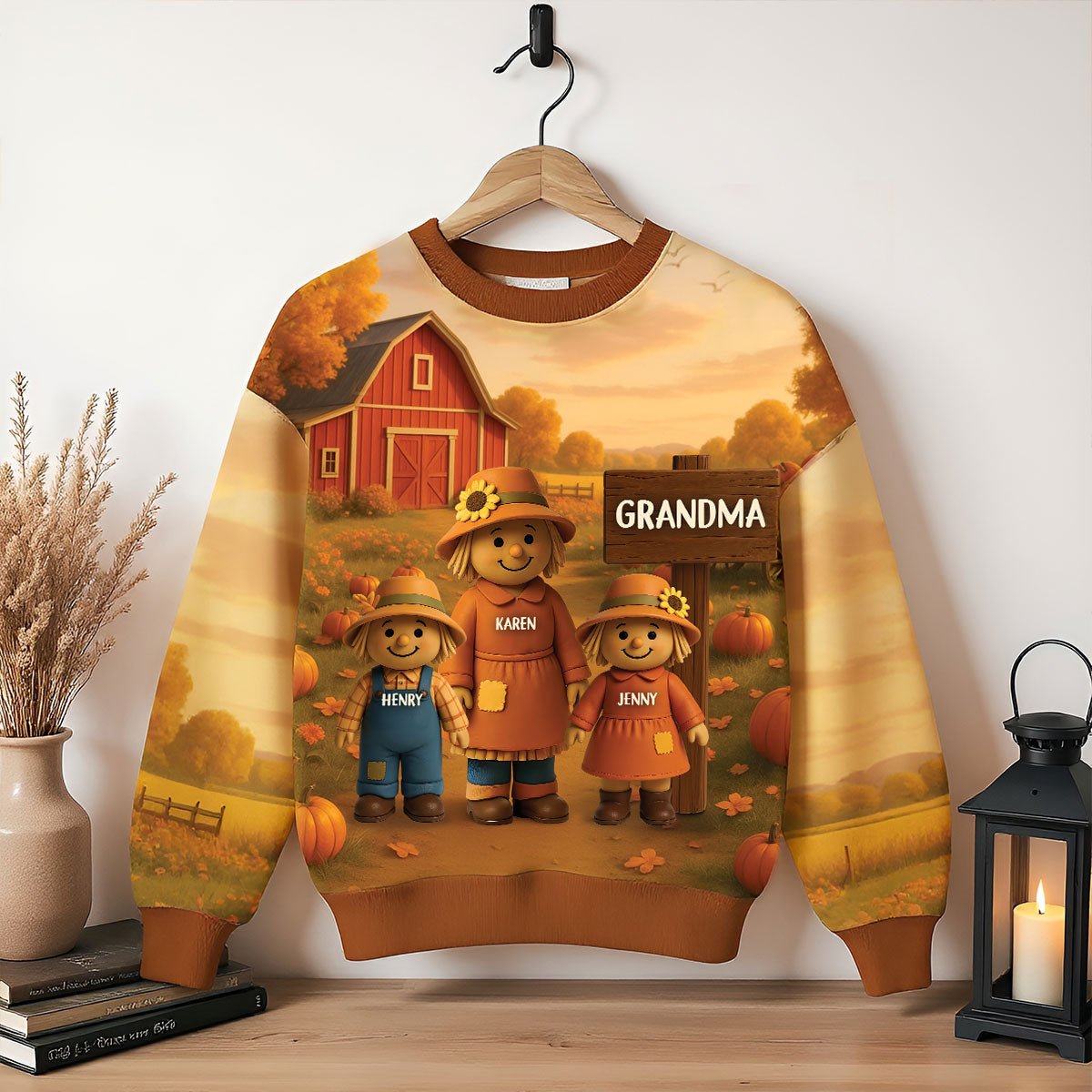 Grandma Grandkids Scarecrow Personalized 3D Effect Sweatshirt, Fall Season Gift for Grandma
