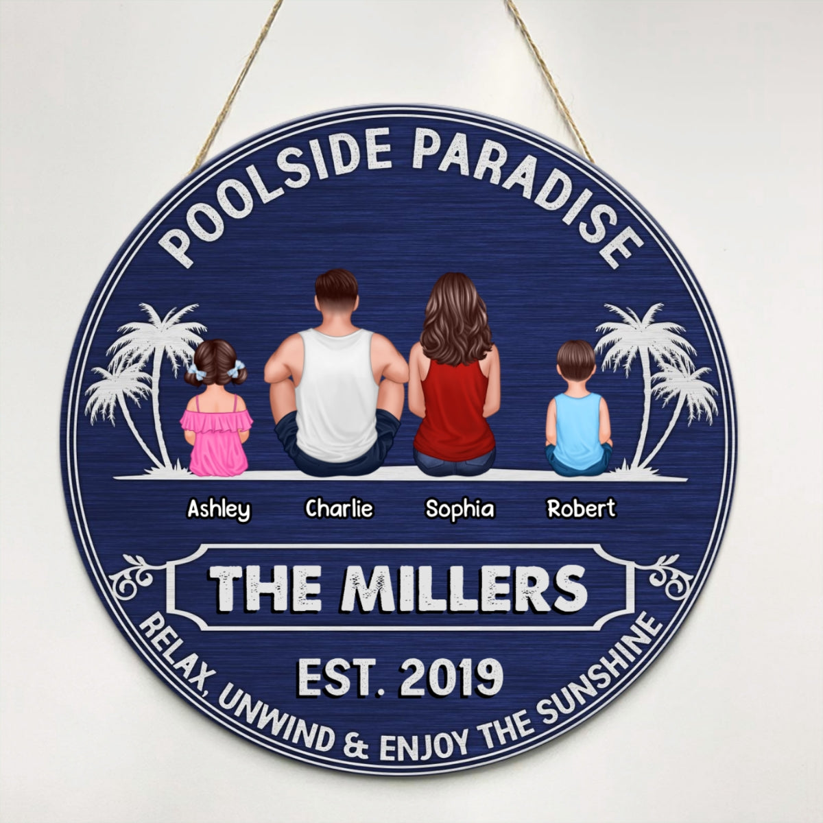 Poolside Paradise Back View Summer Sitting Family Couple Personalized Round Pool Sign