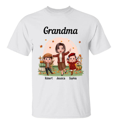 Fall Season Happy Doll Grandma And Grandkids In The Pumpkin Patch Personalized Shirt