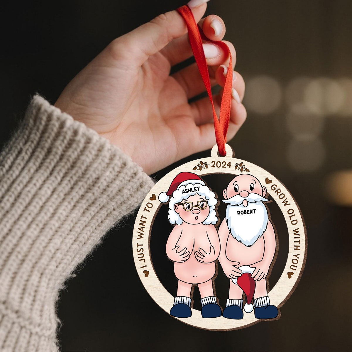 Funny Old Couple Personalized 1-Layer Wooden Ornament Christmas Gift for Him for Her