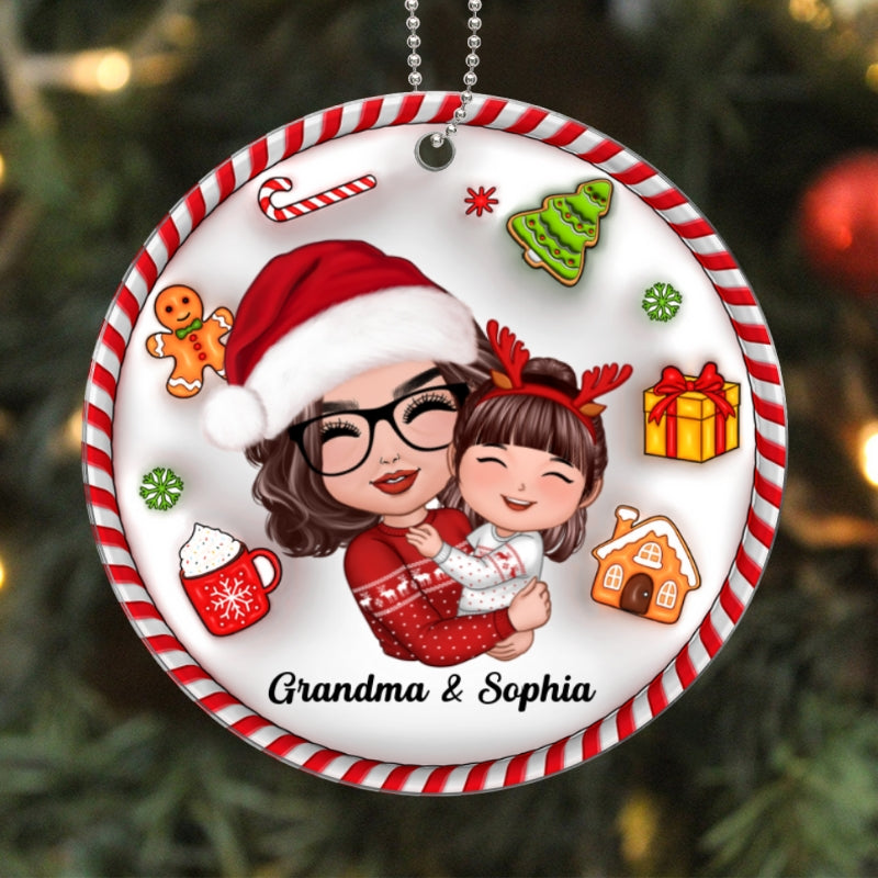 3D Christmas Things Pattern Doll Grandma Mom Hugging Kid Gift For Granddaughter Grandson Personalized Acrylic Ornament