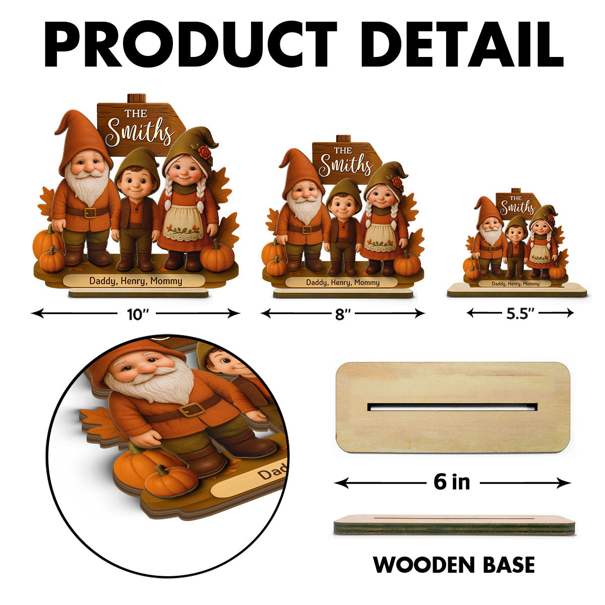 Gnome Family Fall Season Personalized 2-Layer Standing Wooden Plaque