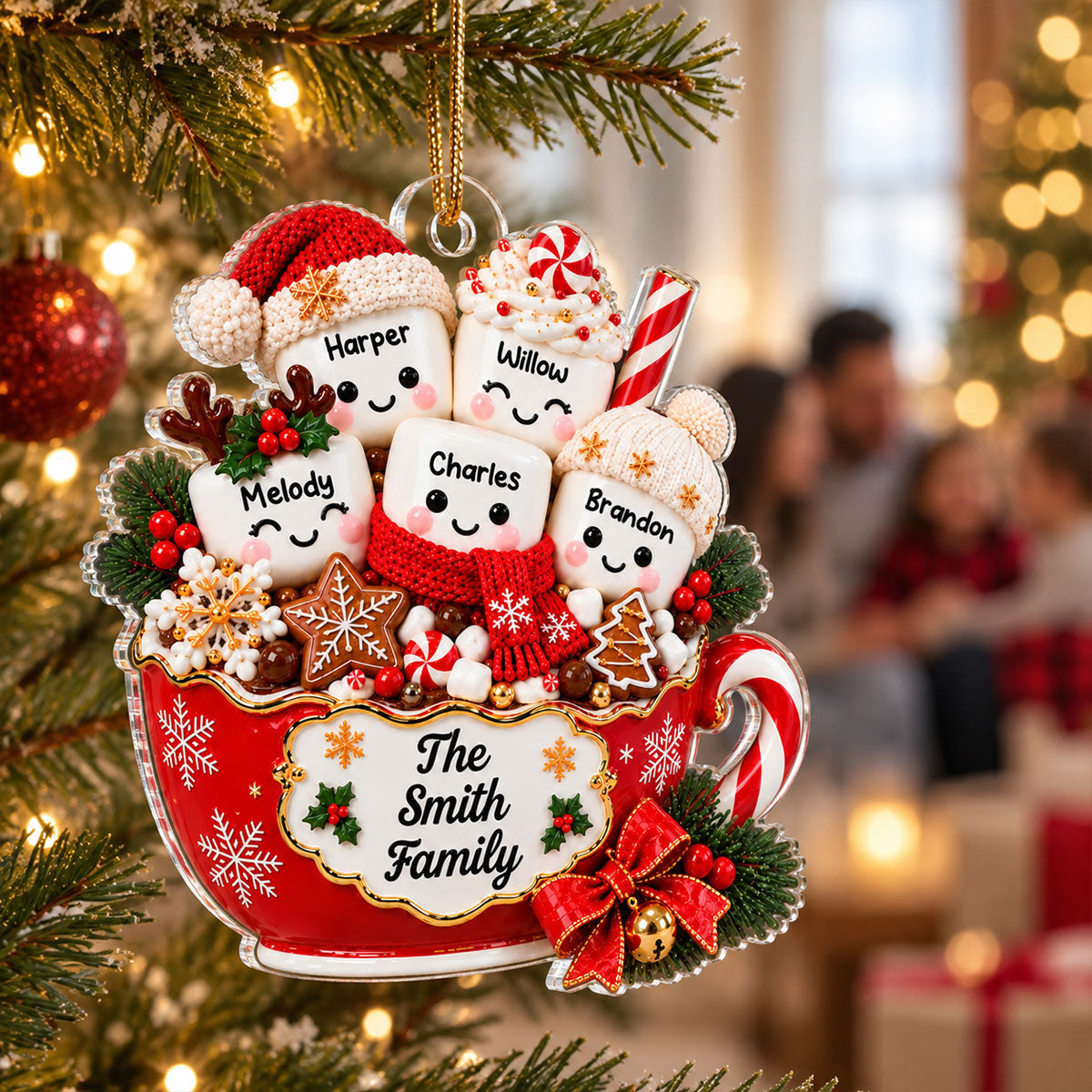 Hot Cocoa Marshmallow Family 2D Flat - Personalized Acrylic Ornament - Custom Names Family Gift