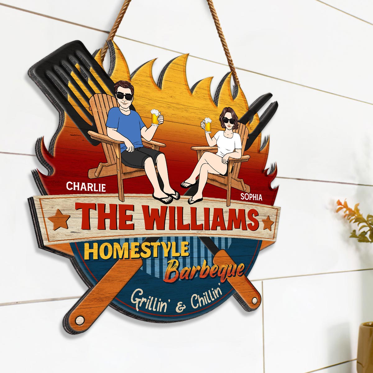 Homestyle Barbeque Couple Sitting Personalized Wood Sign
