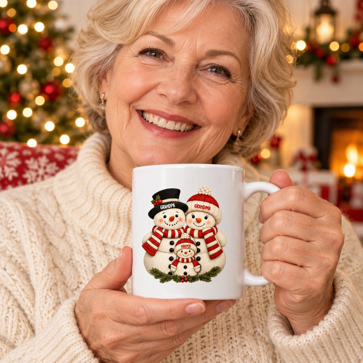 Cute Snowman Grandparents & Grandkids 2D Flat Printed - Personalized Mug - Christmas Gift For Family, Grandma, Grandpa