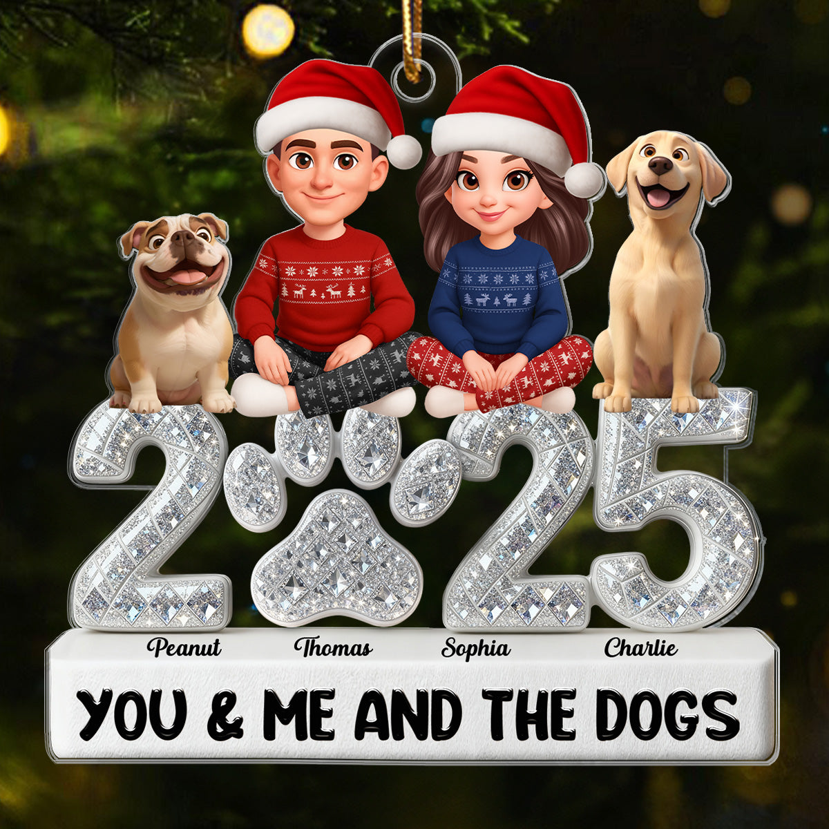3D Shining Effect Christmas Couple You Me And The Dogs - Personalized Acrylic Ornament - Gift For Dog Lovers