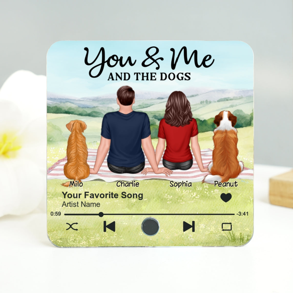 Couple & Dog Picnic In Park Personalized Music Fridge Magnet, Gift For Him, For Her