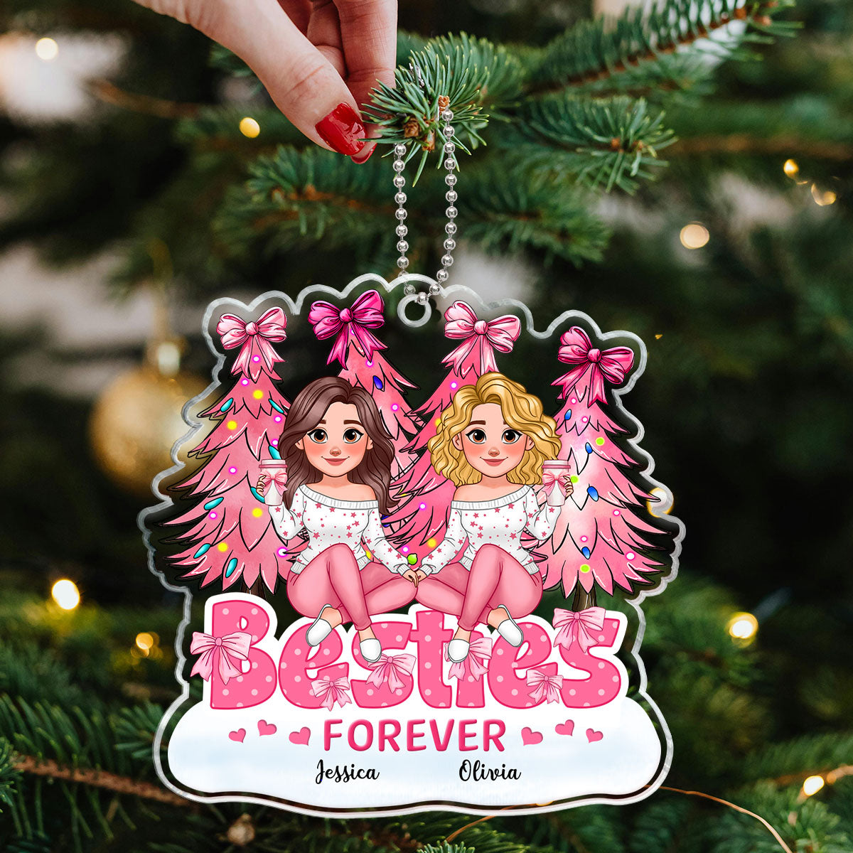 Animated Besties Forever Pink Christmas Tree Personalized Acrylic Ornament
