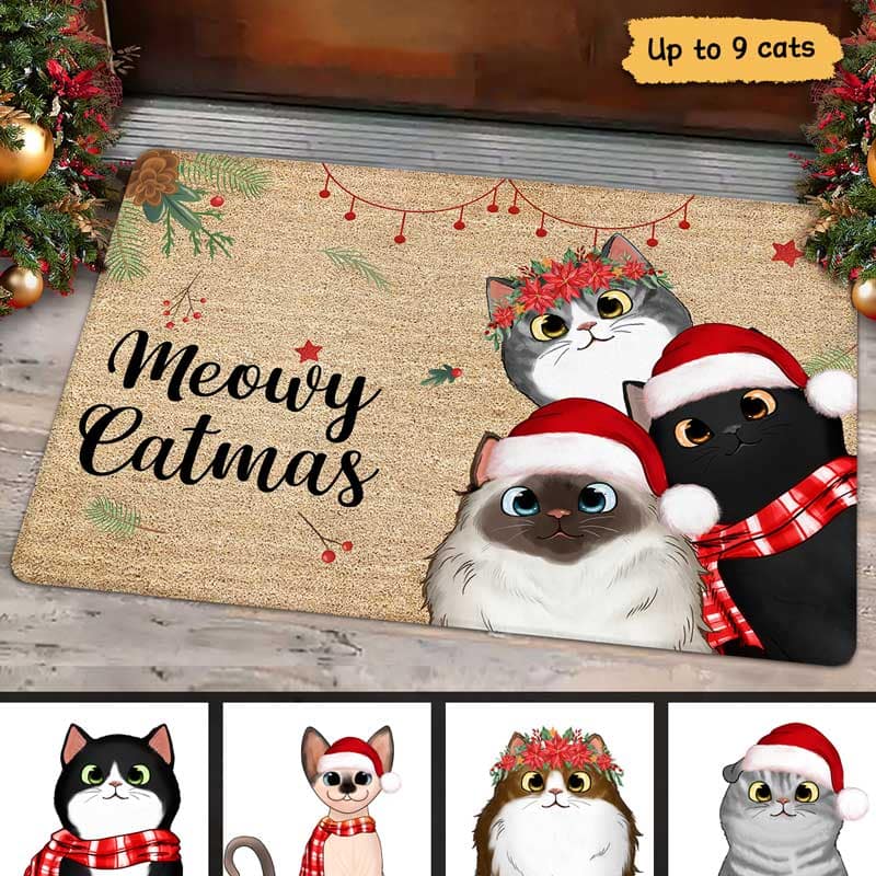 Meowy Catmas Cute Peeking Fluffy Cat Christmas Personalized Doormat