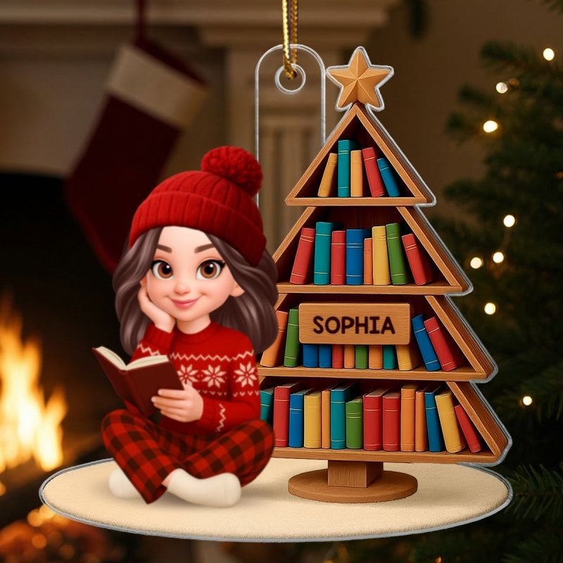 Christmas Cozy Vibe Pretty Girl Reading Book - Personalized Acrylic Ornament - Gift For Book Lovers