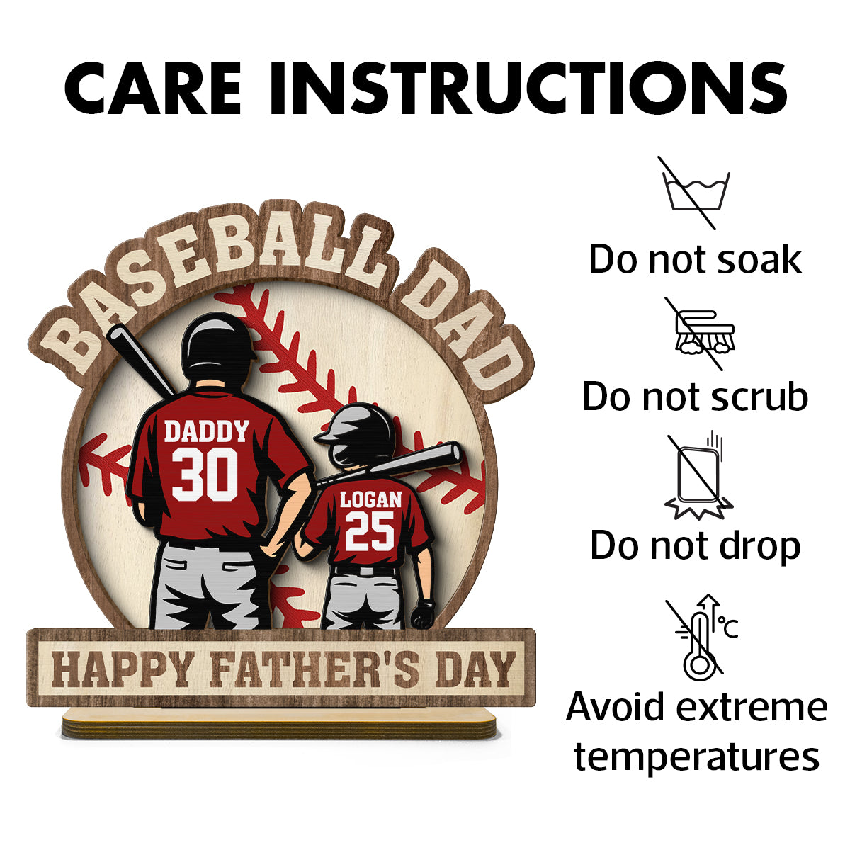 Baseball Family Back View Personalized 2-Layered Standing Wooden Plaque, Father's Day gift for Dad, for Husband