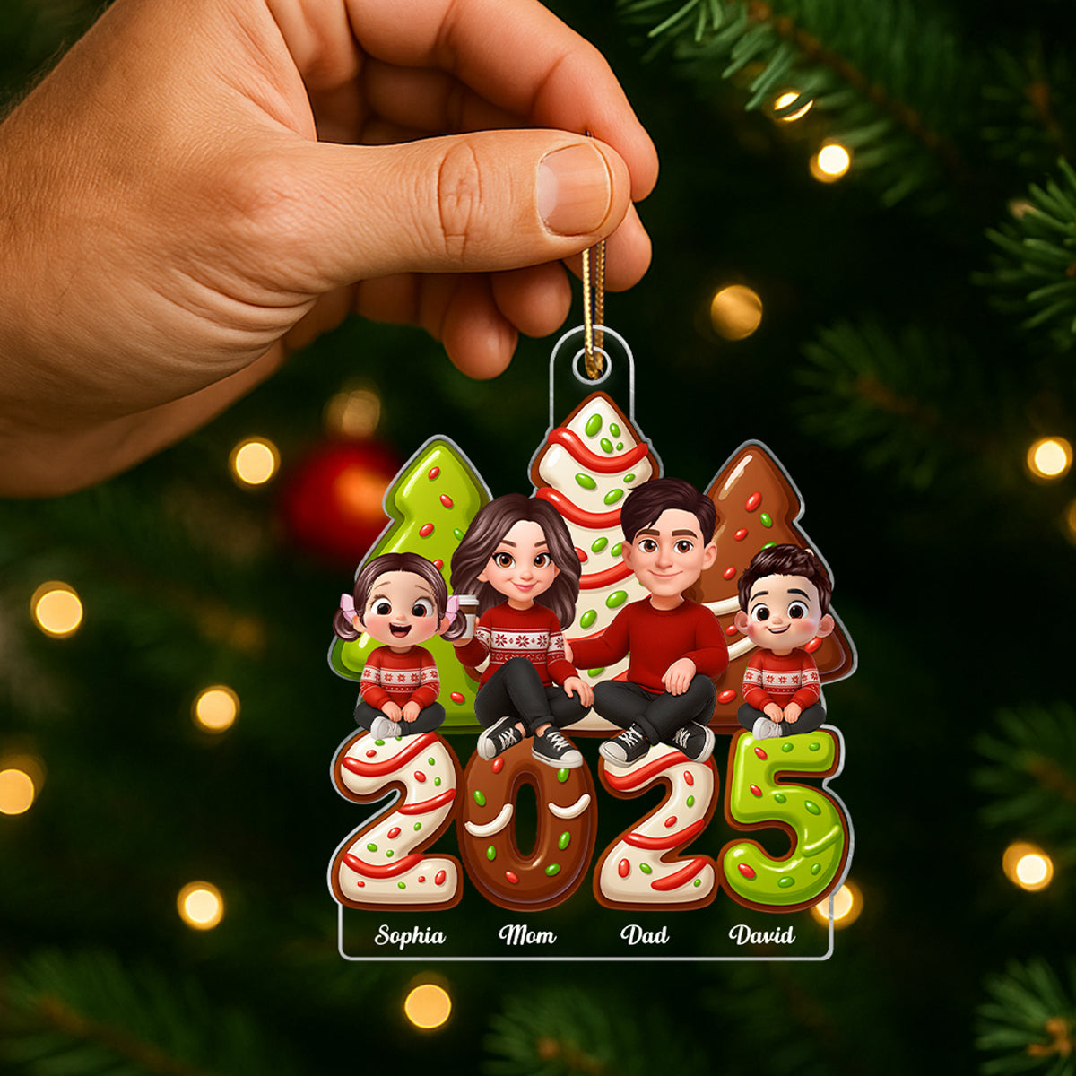 Christmas Tree Cake Family Sitting 2025 Personalized Acrylic Ornament, Christmas Decor for Family