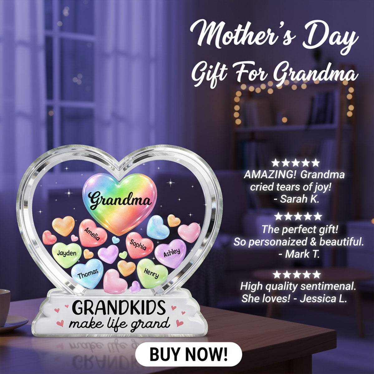 Grandma's Sweethearts In Heart 2D Flat - Personalized Acrylic Block Plaque - Heartfelt Mother's Day Gift For Grandma