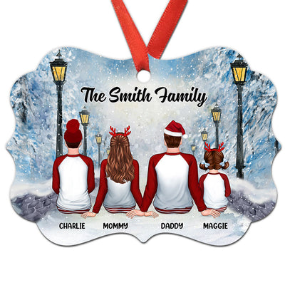 Family Back View In Snow Lamppost Personalized Christmas Ornament