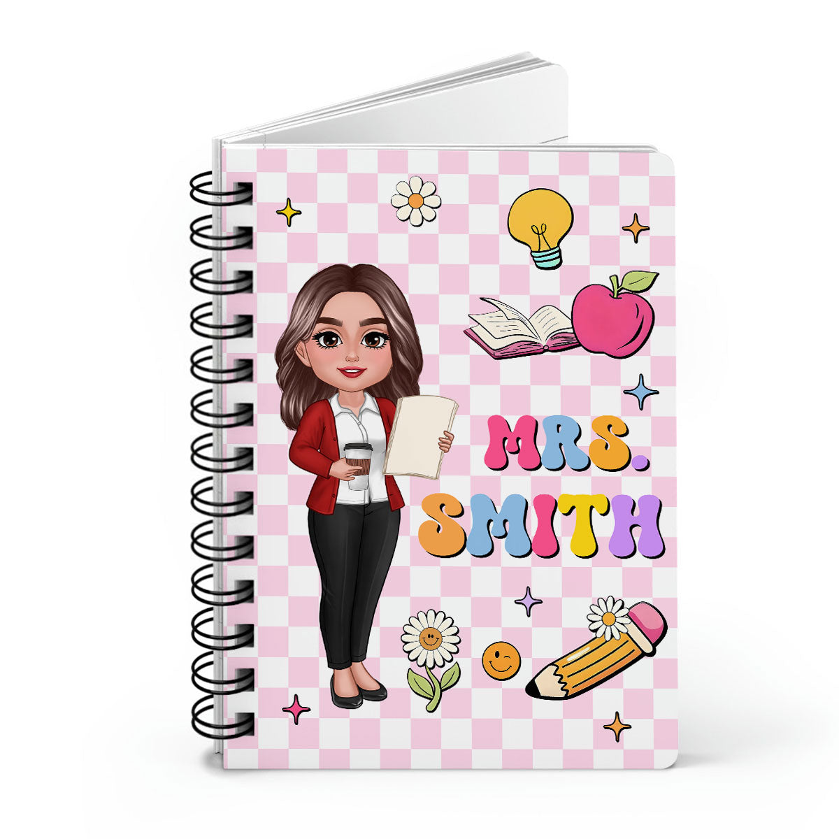 Groovy School Things Teacher Name Personalized Spiral Notebook Journal, Back To School Stationery