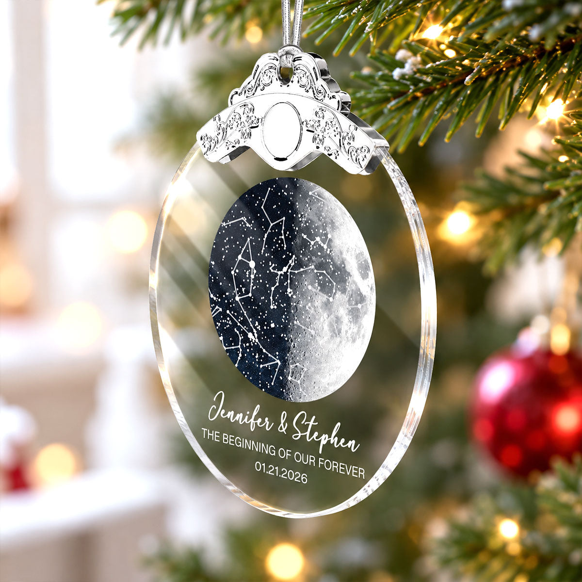 Custom Moon Phase & Star Map by Date - Personalized Glass Ornament With Silver Cap - Heartfelt Christmas Gift, Anniversary Gift, For Couple, For Him, For Her