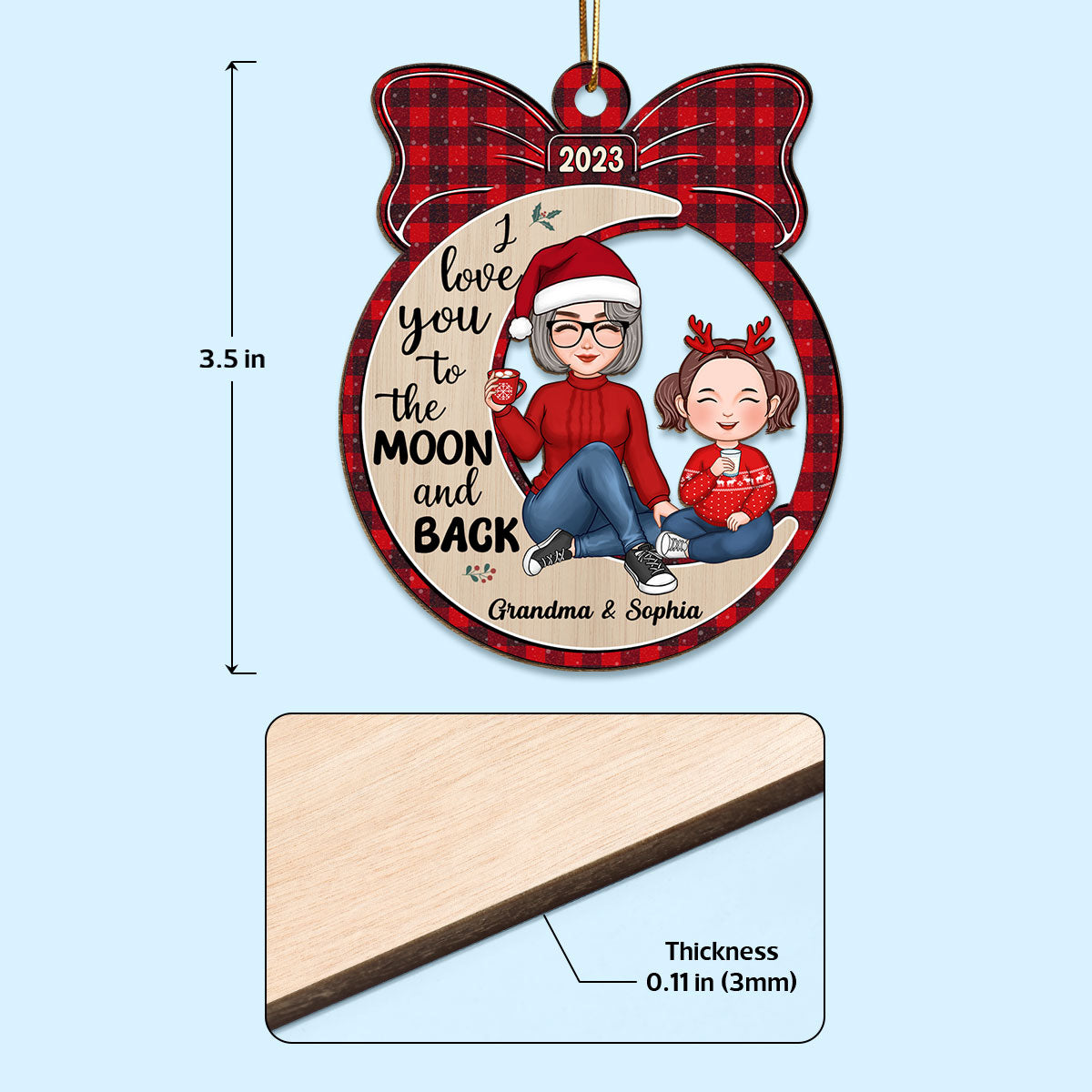 Cute Grandma & Grandkid Sitting Moon Gift Personalized Wooden Ornament