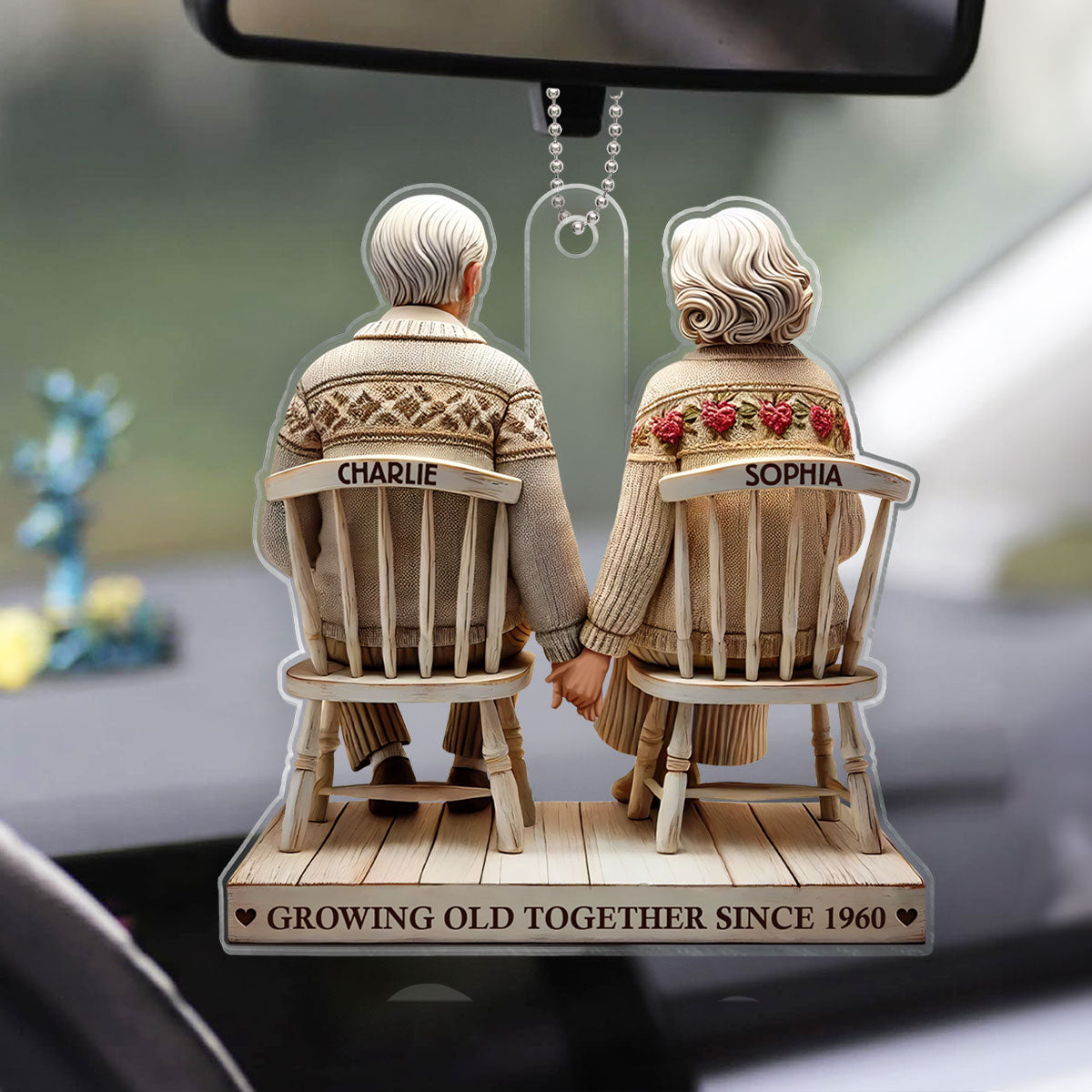 3D Effect Couple Sitting Holding Hands Growing Old Together Personalized Acrylic Car Hanger Ornament, Heartfelt  Gift For Couple, For Him, For Her, Husband, Wife