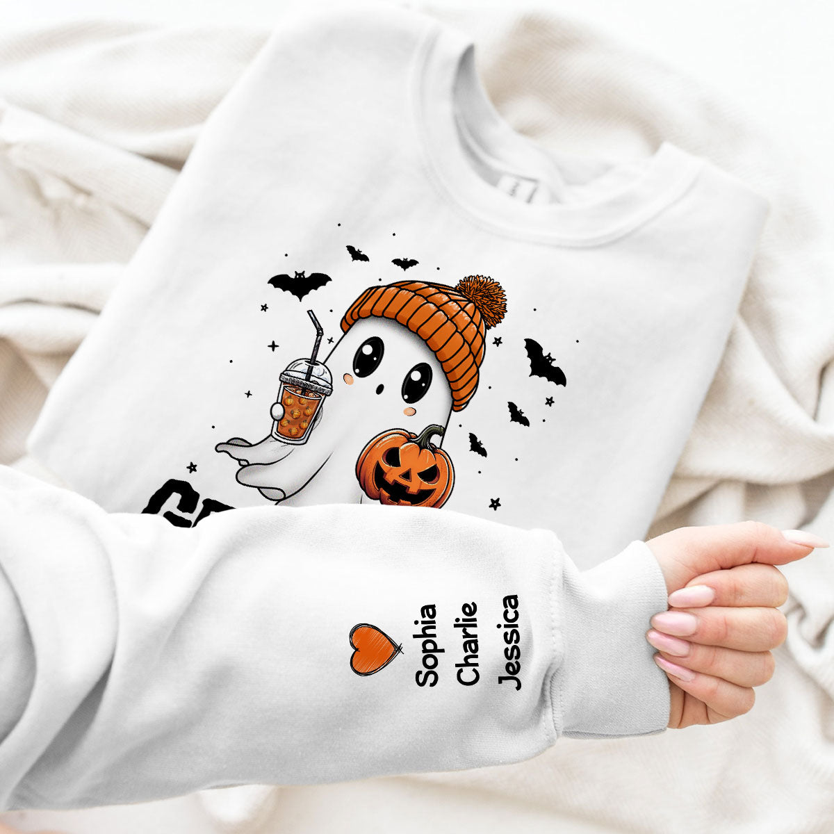 Fall Season Halloween Grandma Boo Personalized Sleeve Printed Sweatshirt, Gift For Grandma