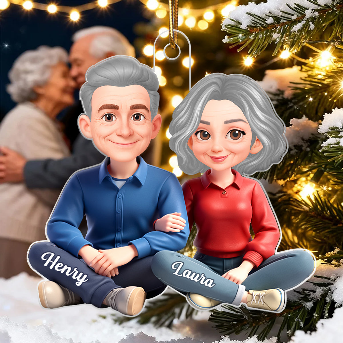 Loving Cartoon Couple Sitting Together - Personalized Acrylic Ornament - Christmas Gift for him, Gift for her