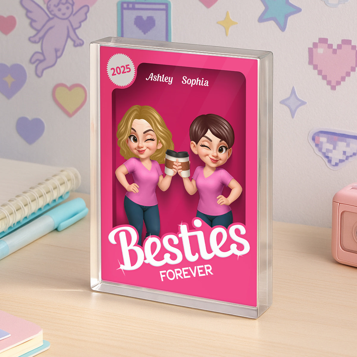 Besties Forever Pink Action Figure 3D Effect Personalized Acrylic Block, Meaningful Gift For Best Friend