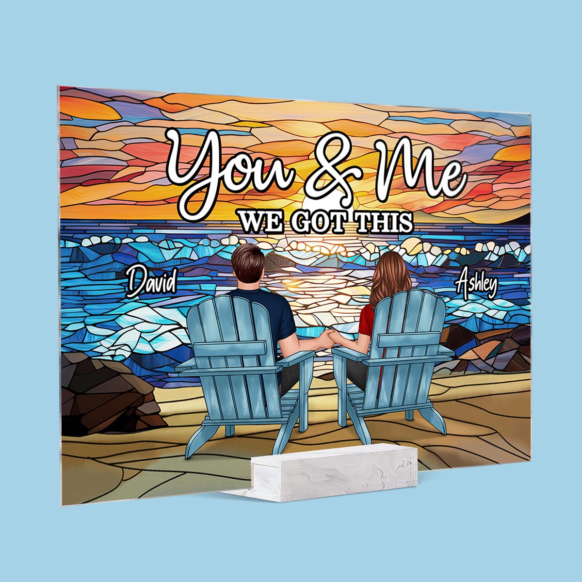 Stained Glass Back View Couple Sitting Beach Landscape Personalized Acrylic Plaque
