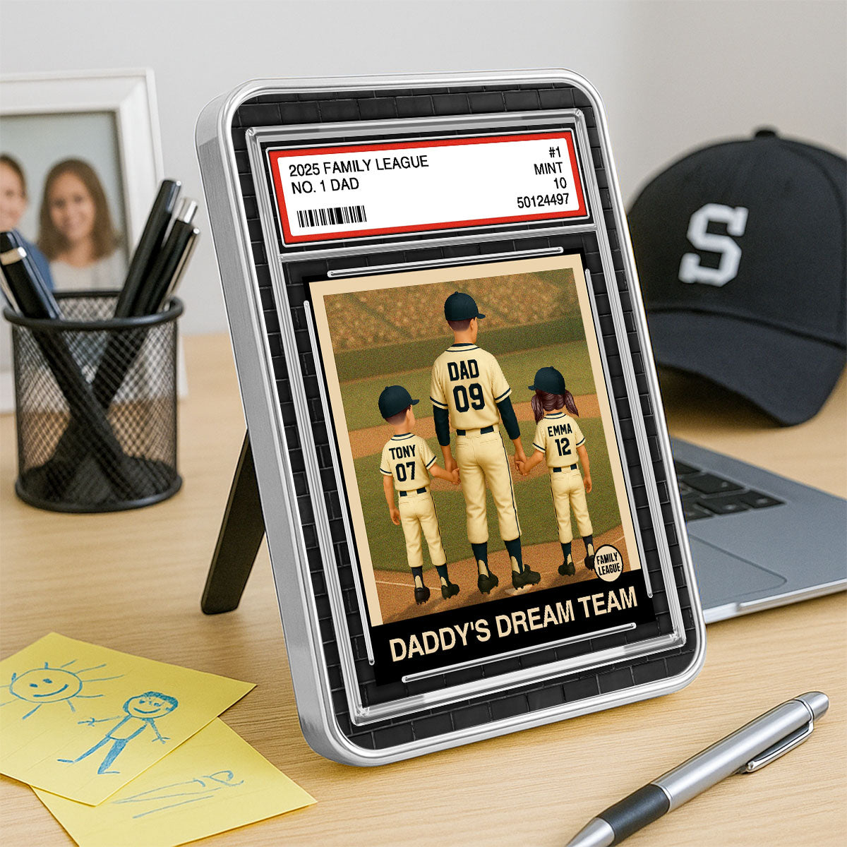 Baseball No. 1 Dad Man & Kids Trading Card Style Personalized Mirrored Picture Frame