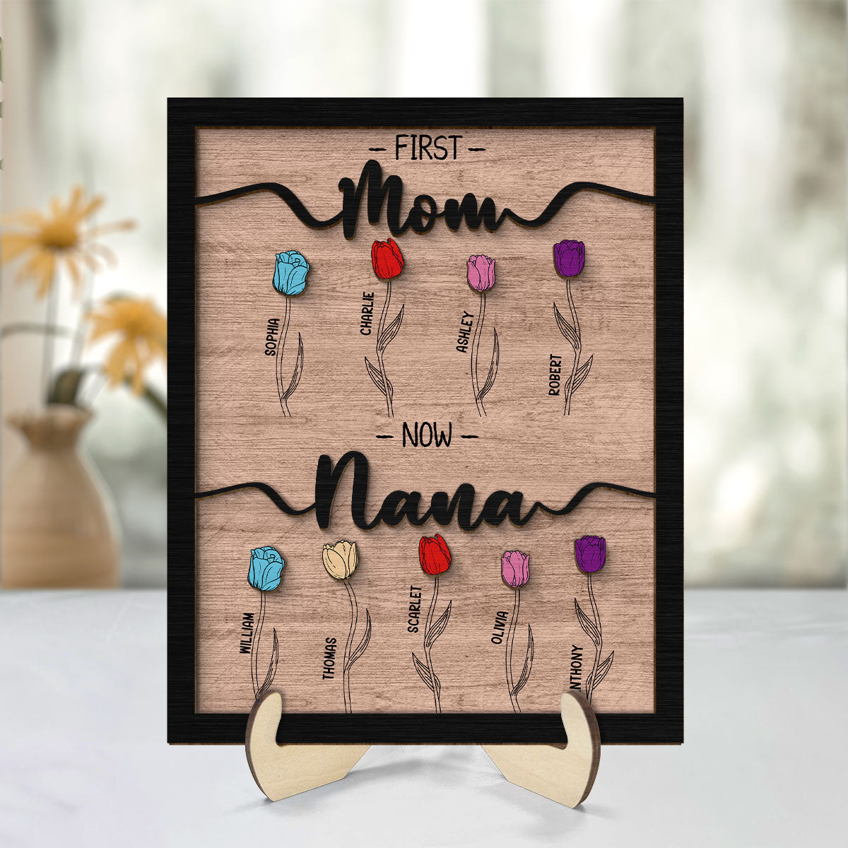 First Mom Now Grandma Tulip Flowers Gift For Grandma Personalized 2-Layer Wooden Plaque