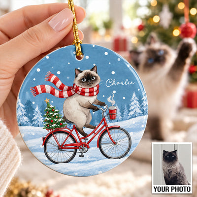Cute Dog Cat Riding Bike In Snow Winter From Photo Uploaded - Personalized Ceramic Ornament - Christmas Gift For Dog Lovers, Pet Lovers