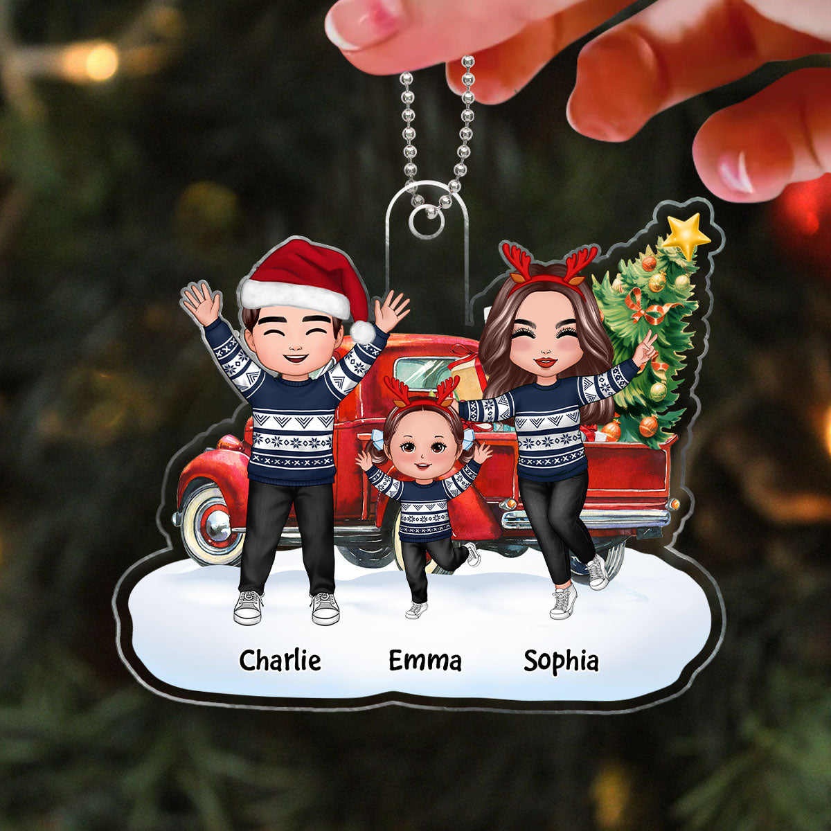 Happy Doll Family Dad Mom Kids Dogs Cats & Christmas Truck Personalized Acrylic Ornament
